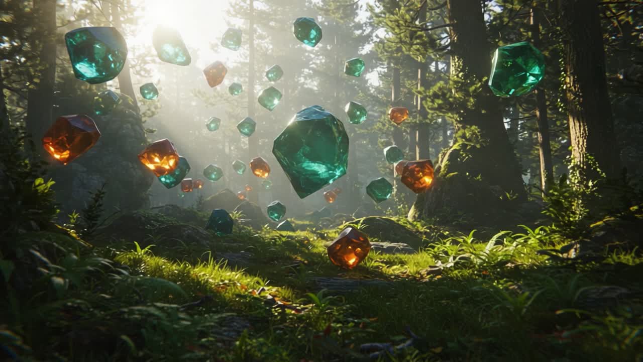Mesmerizing Floating Crystals in a Sunlit Forest: A Journey Through Enchanted Nature with Glimmering Gems Suspended in Air