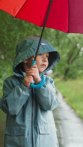 kid calmly walks through park with umbrella. combination of colors serves as beacon of positivity among drizzle transforming gloomy weather in radiant beauty