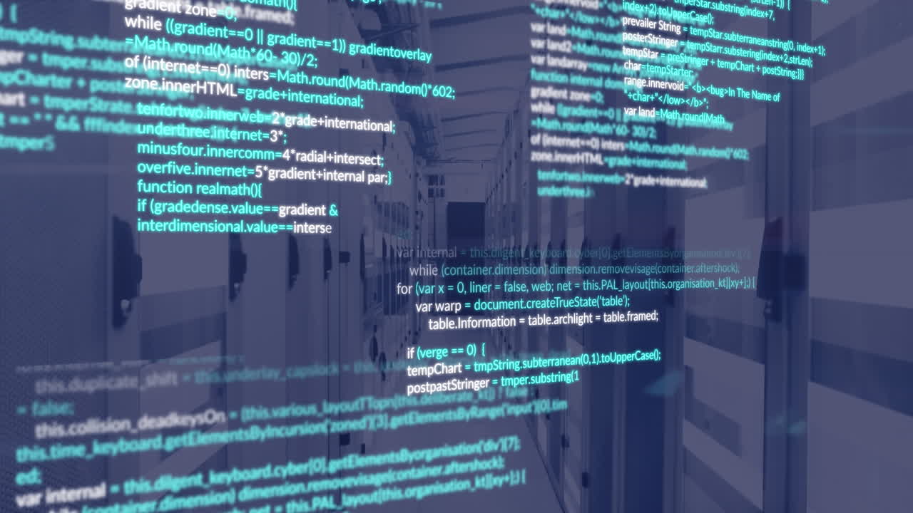 Animation of data processing and light trails against computer server room
