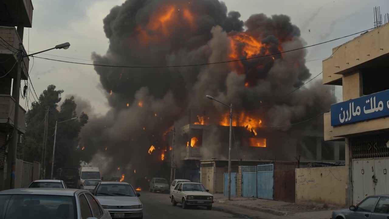 Un missile sfreccia nel cielo verso una strada cittadina. Una grande esplosione erutta con fiamme e fumo denso. Edifici e auto parcheggiate sono visibili nelle vicinanze. Le persone reagiscono con paura mentre il caos si scatena.