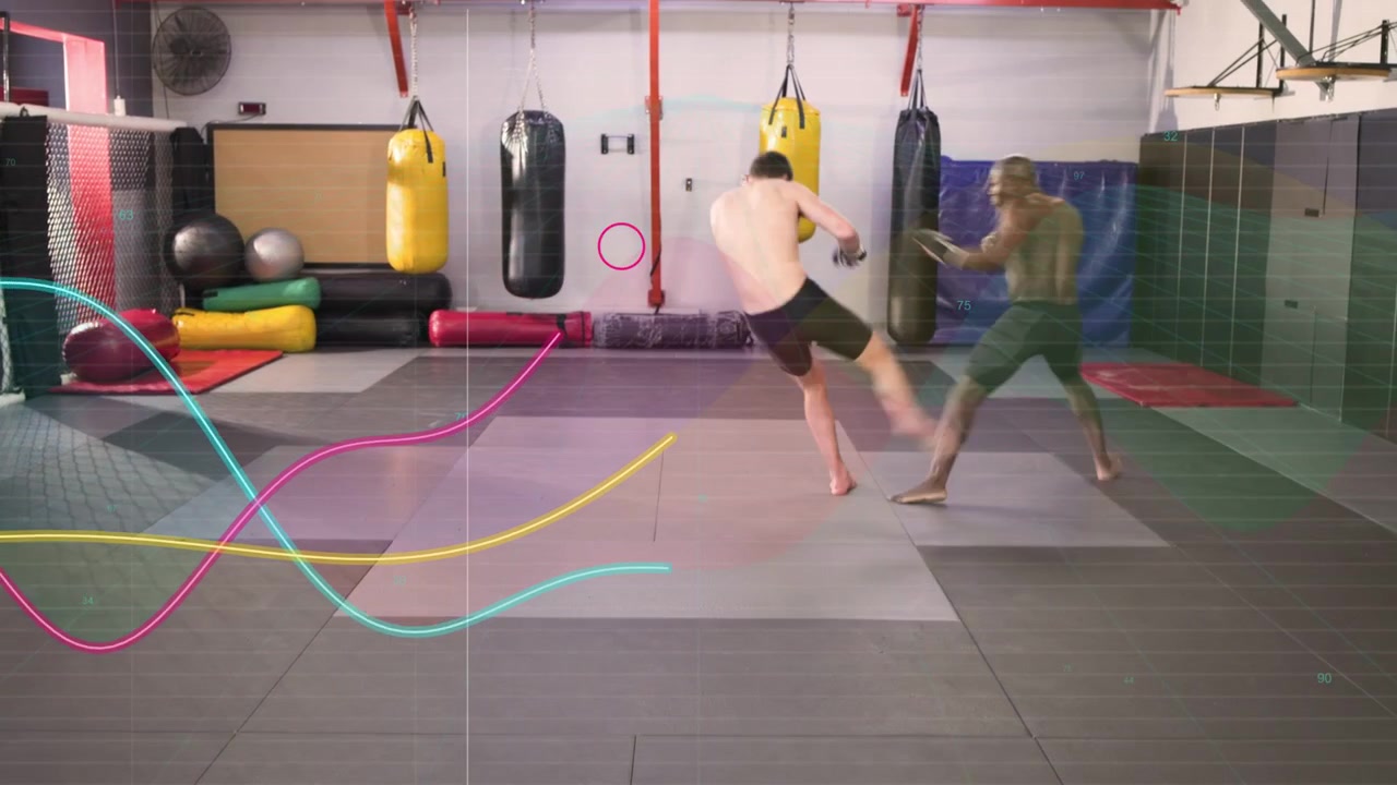 Two men sparring in gym, closing gap and probing range, waveforms tracking motion, mid kick landing