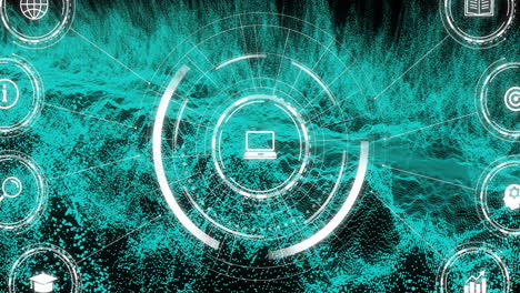 animation of network of connections over scope scanning with digital icons on black background