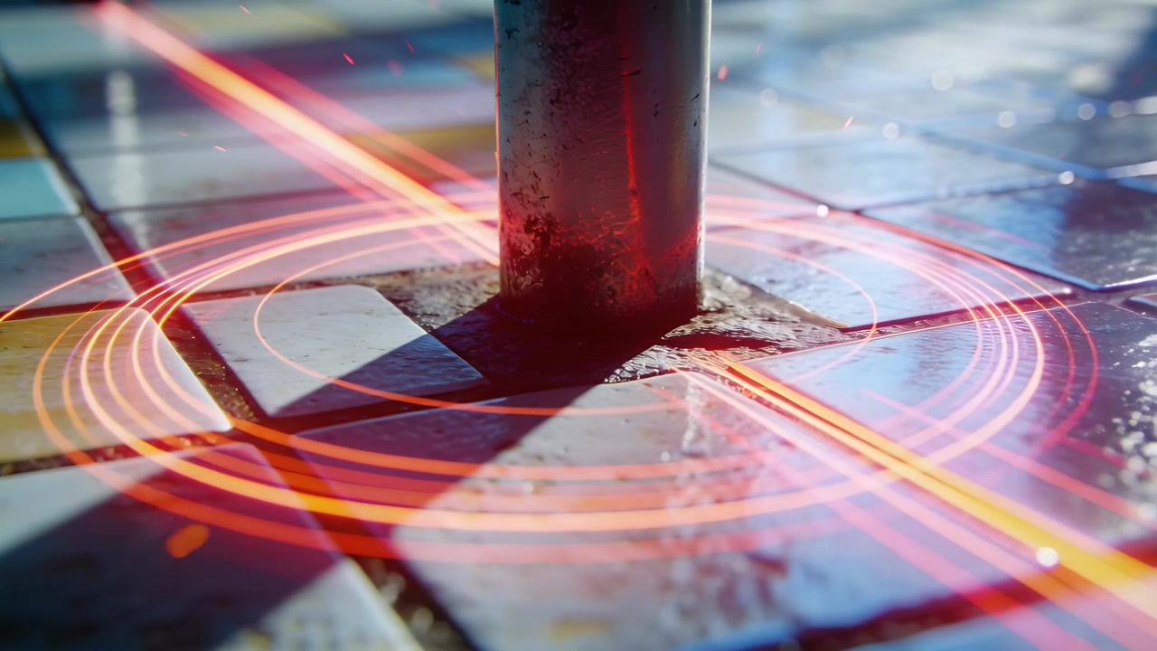Appearing thin orange ring around metal pole base on glossy tiled floor, casting bright reflections