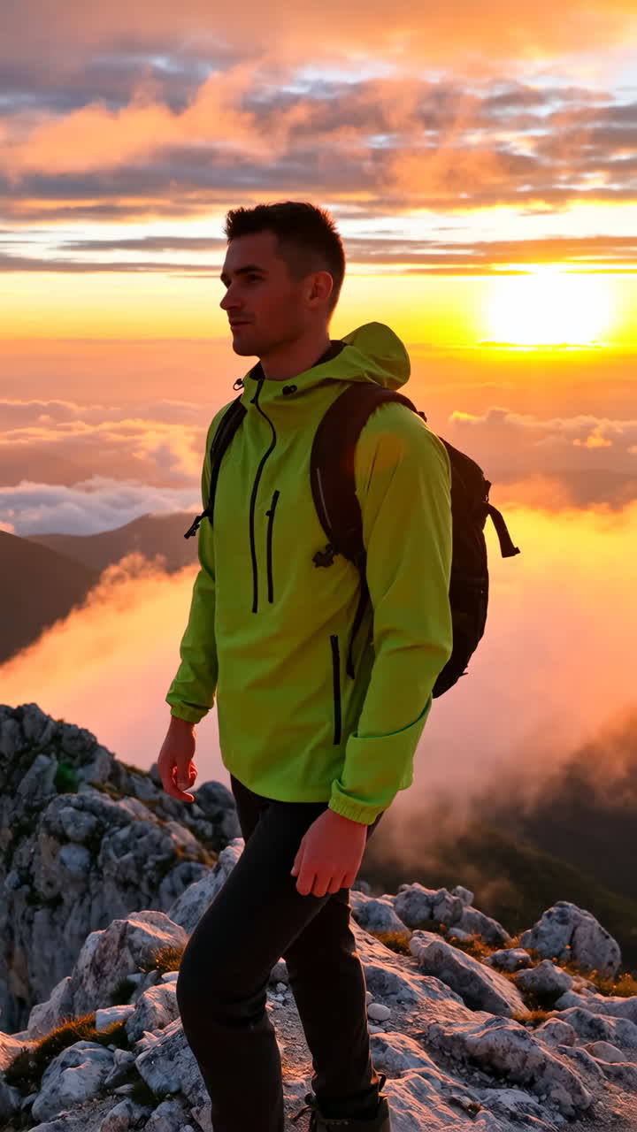 Man hiking on mountain at sunrise