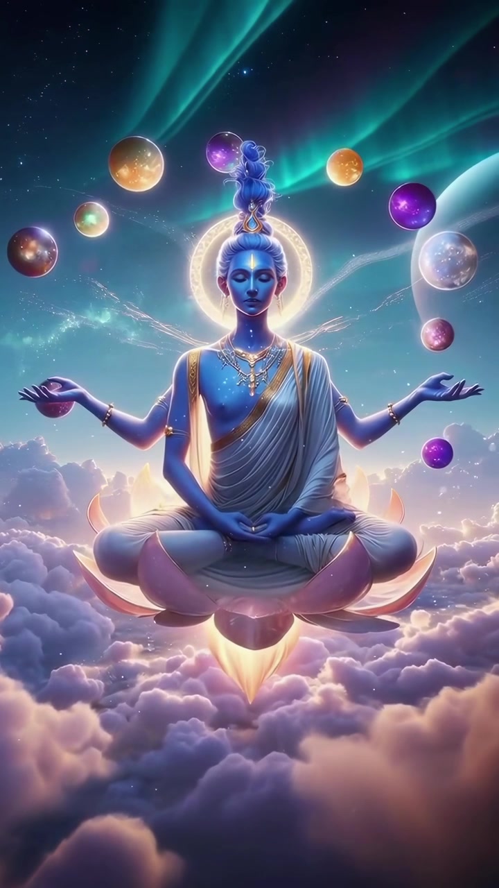 Figura divina che medita in posizione del loto sopra nuvole cosmiche