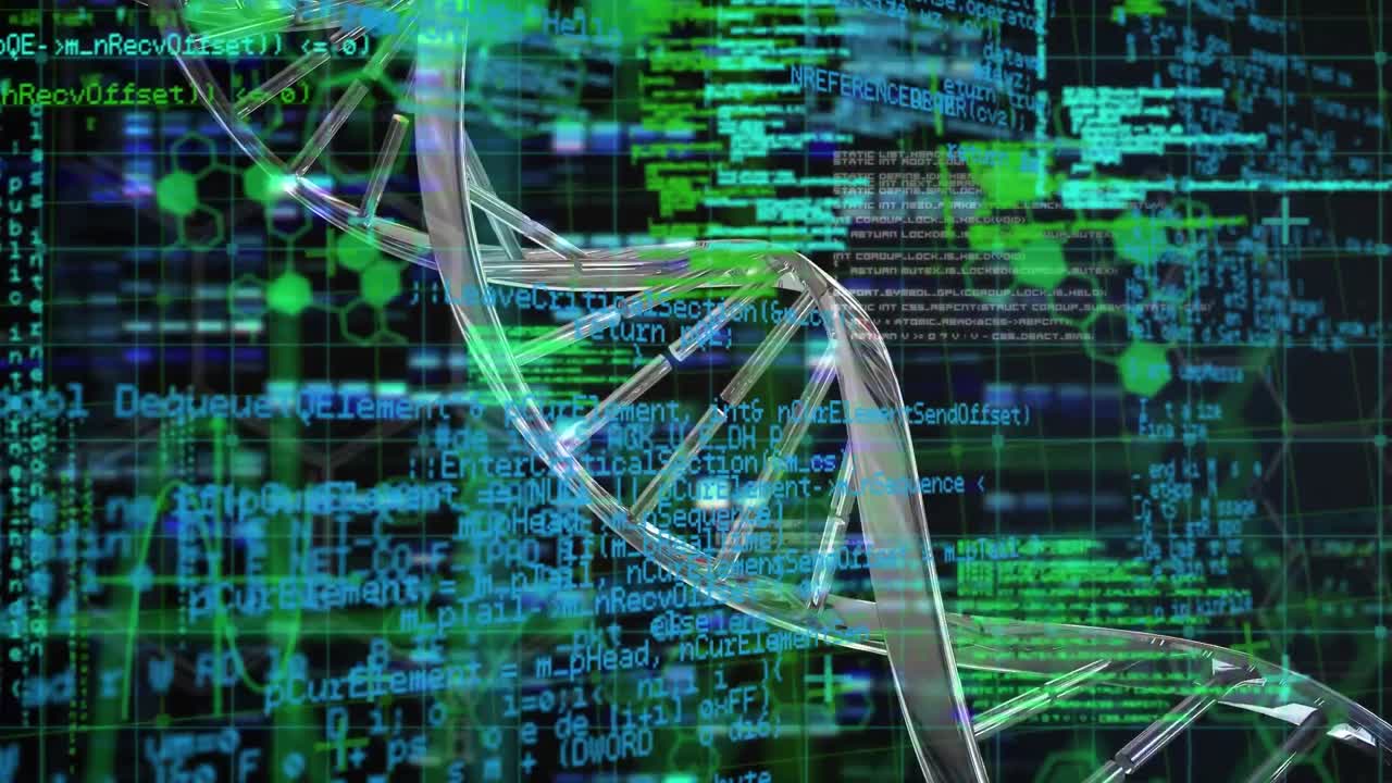 Animation of data processing over dna strand spinning