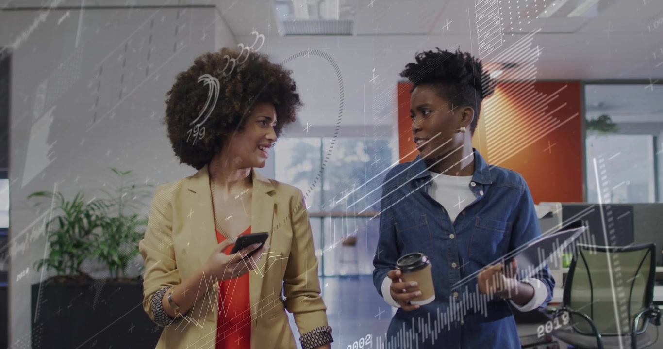 Two colleagues walking in office sharing business data on smartphone and generating data overlays