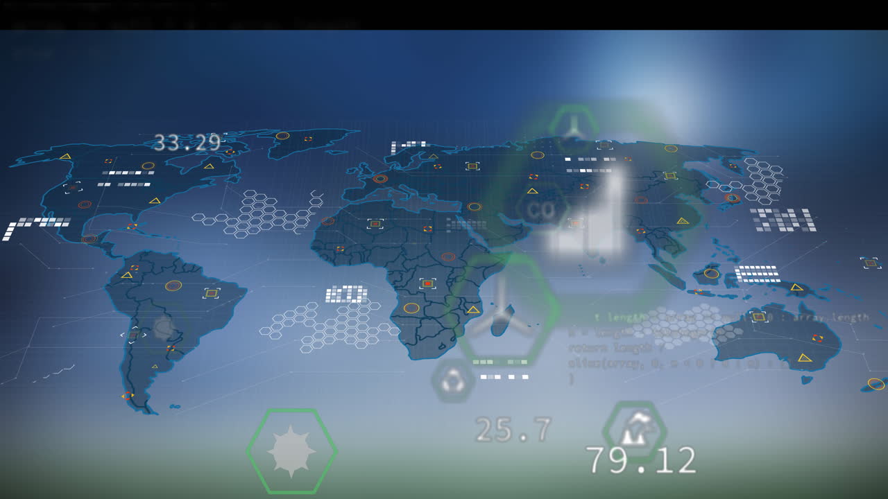Animation overlaying digital interface elements on world map with data ...