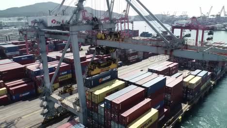 dynamic operation of cargo handling at a busy port as cranes efficiently move containers between ships and storage yards in an industrial maritime environment