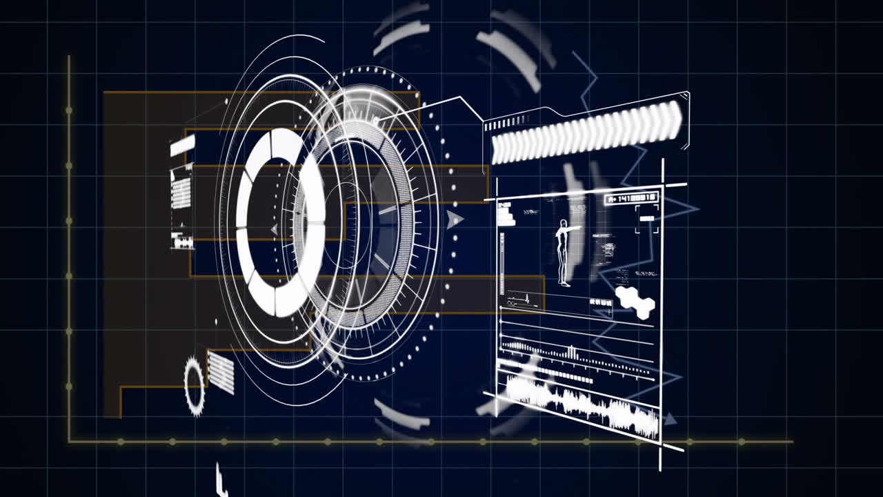 Rotating animation elements with futuristic digital interface and data visualization