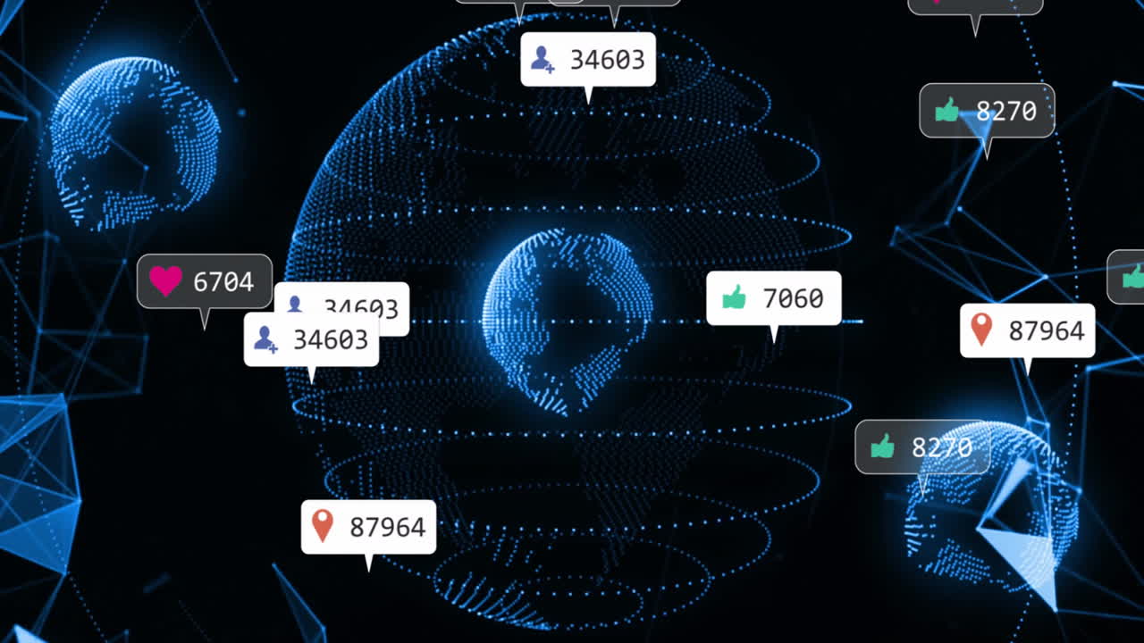 Animation of media icons over globes