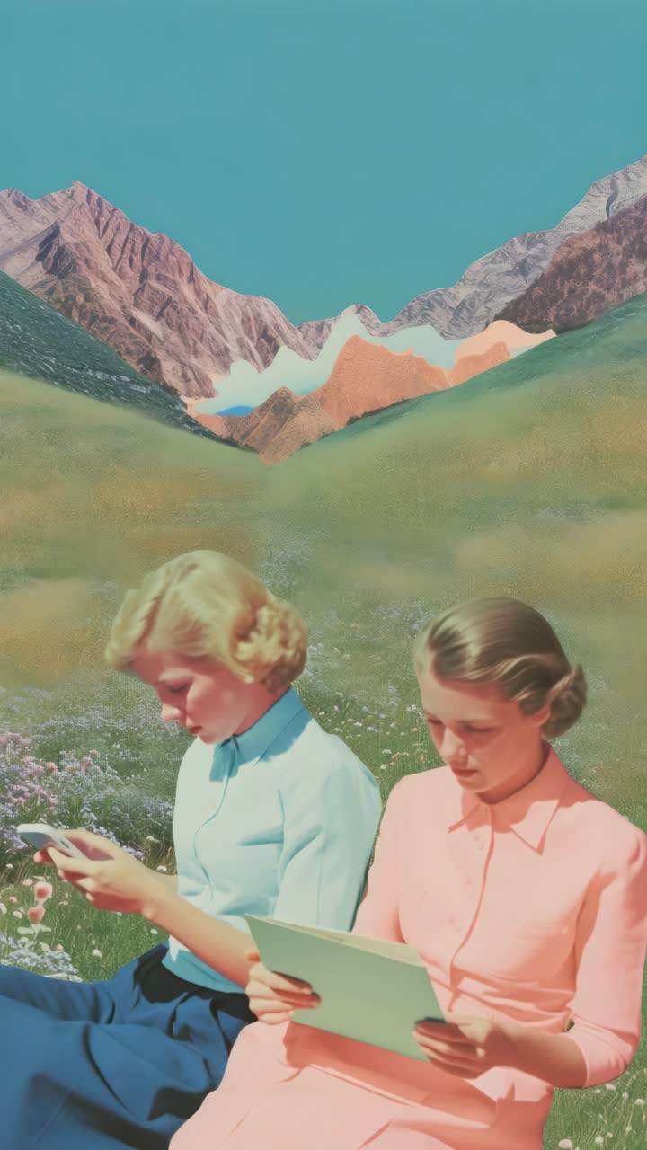 Vintage-style video concept with two women reading in a surreal landscape