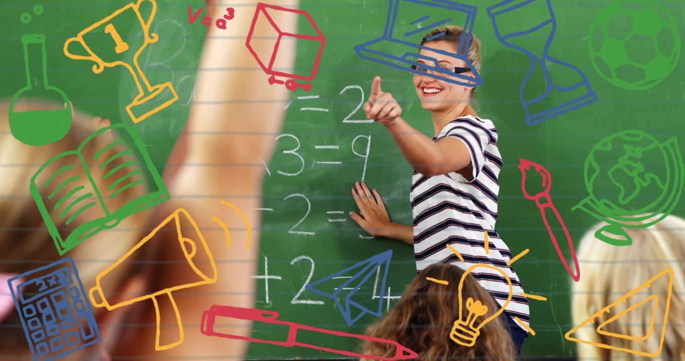 Teacher pointing to select student to answer after students raising hands, math doodles popping up