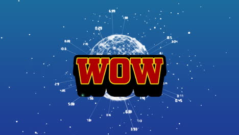 wow text over digital globe with data points and connections animation