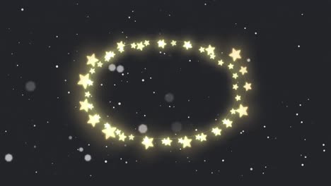 animation of frame of glowing star christmas fairy lights over falling snow, on black