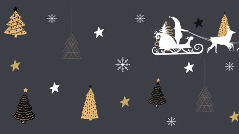 santa claus in sleigh being pulled by reindeers against christmas tree icons on grey background