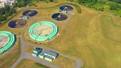 Aerial view of modern water cleaning facility at urban wastewater treatment plant