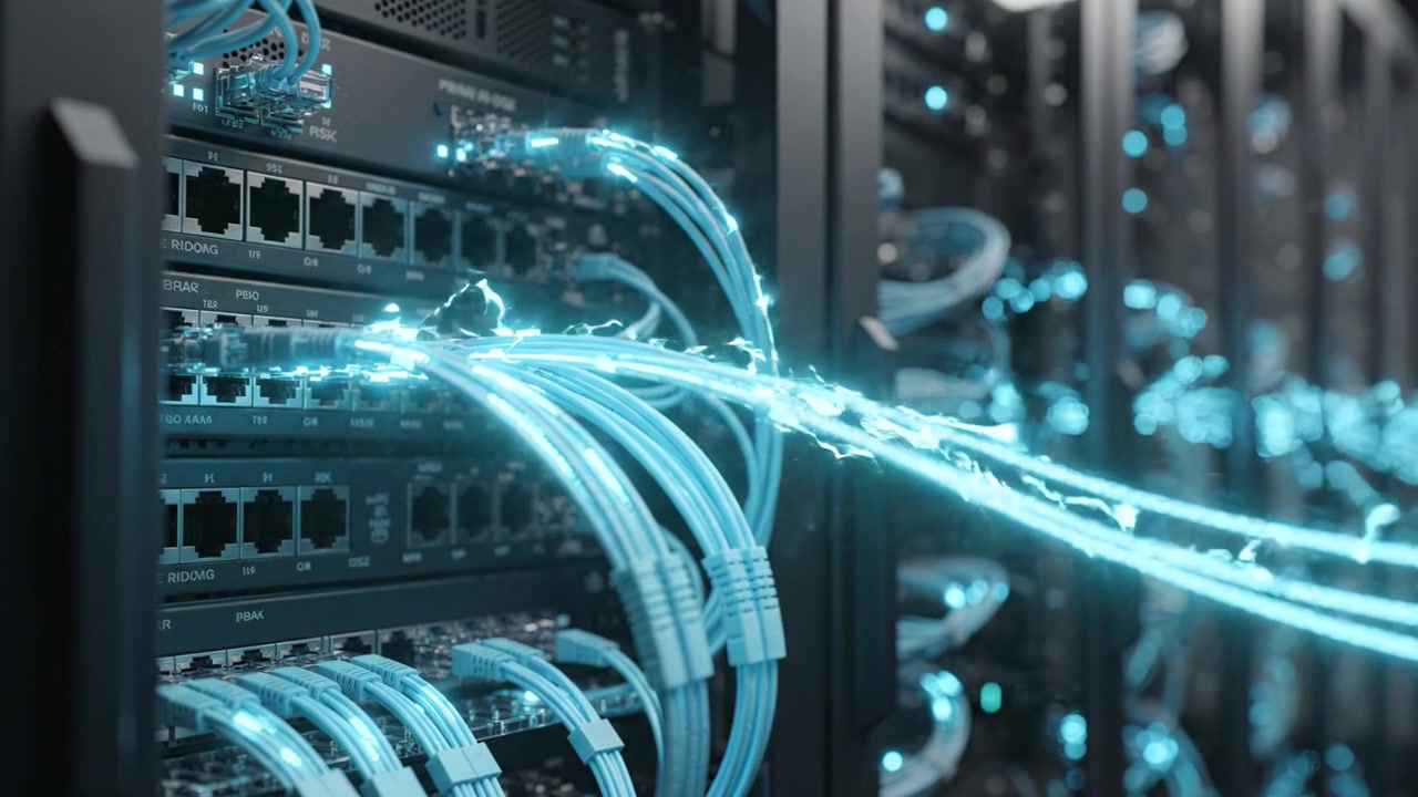 High-tech Data Center Focused on Network Infrastructure with Cables and Electric Effects, Highlighting Connectivity and Data Flow between Servers and Switches