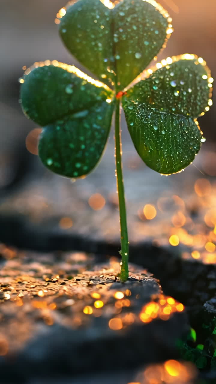A green leaf is growing out of a crack in a rock. The crack is surrounded by a green glow, giving the impression of a fairy tale