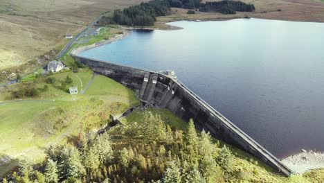 Aerial-view-of-the-Spelga-Dam-on-a-sunny-day,-County-Down,-Northern-Ireland