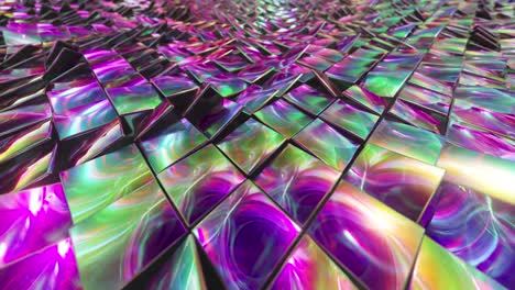 abstract background of reflective holographic cubes creating a wave surface. modern neon lighting, trendy background. 3d animation of seamless loop