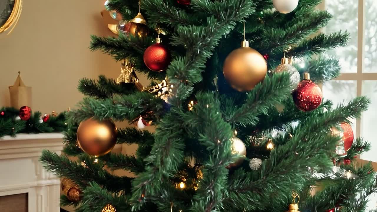 Close up of a Christmas Tree Decorated with Ornaments and Lights