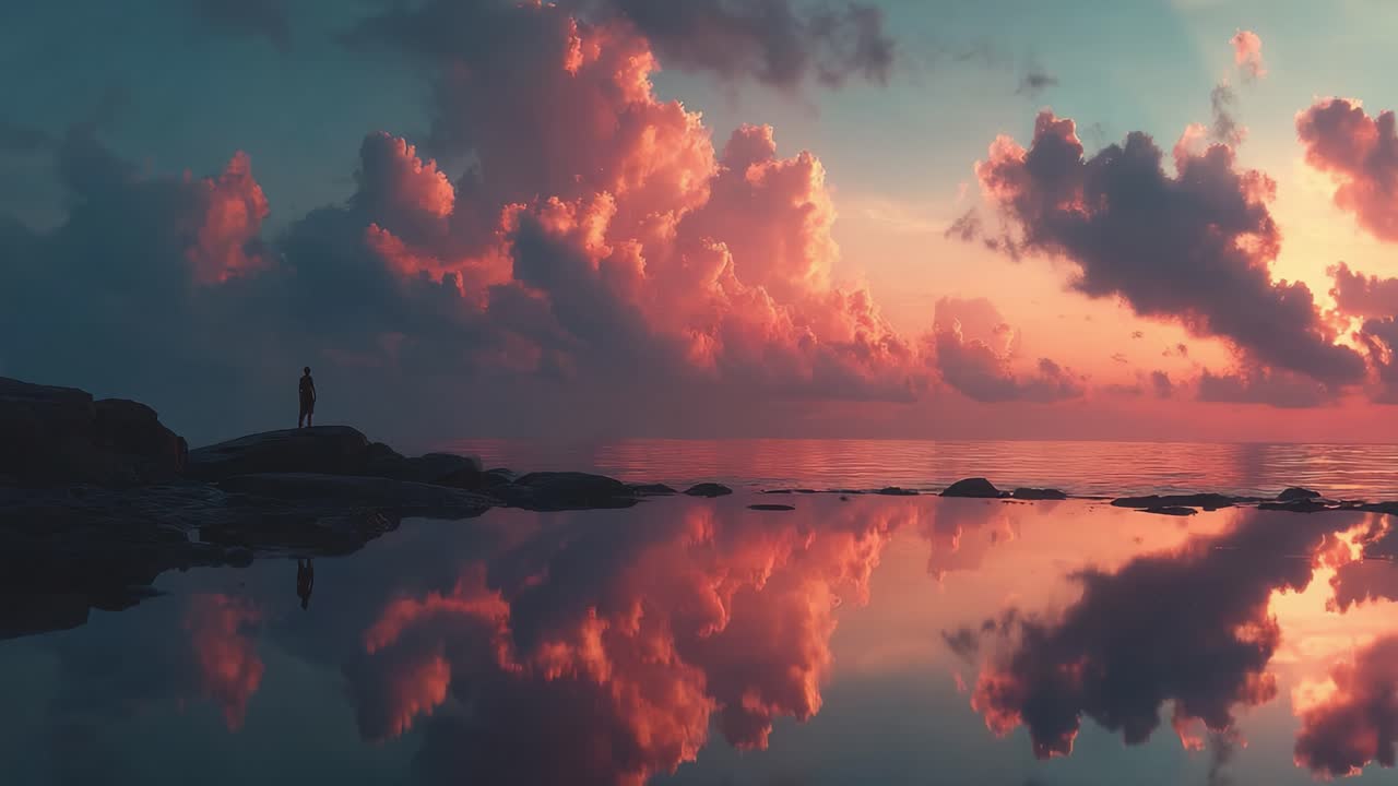 Tramonto sereno su acque calme: un riflesso affascinante di nuvole vivaci e paesaggio tranquillo in un'atmosfera da sogno