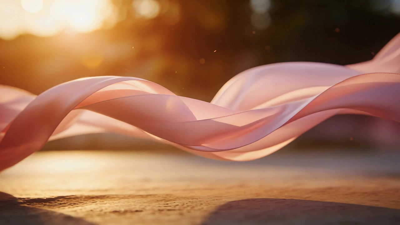 Nastri rosa traslucidi che fluttuano e si attorcigliano sopra la sabbia al tramonto, la brezza li solleva catturando il sole.