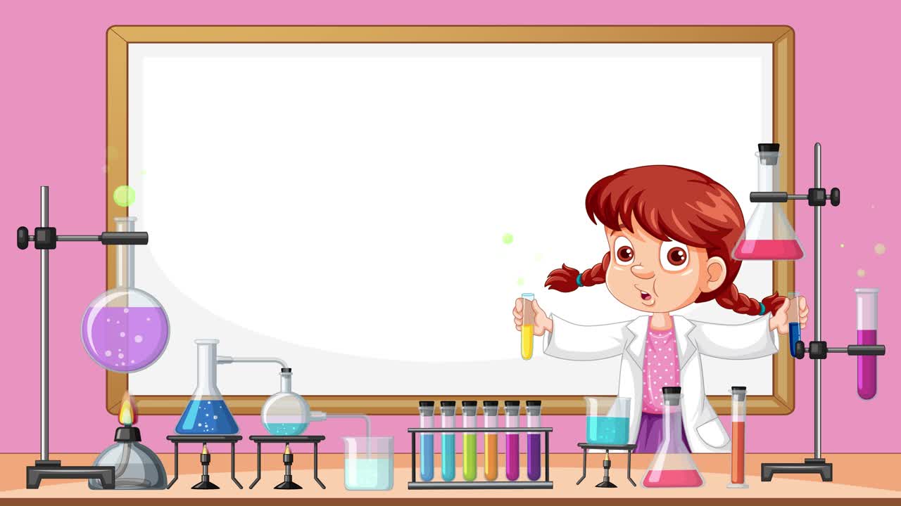 Animated sequence of a red-haired girl in a white lab coat performing a chemistry experiment with test tubes in a colorful science classroom setting