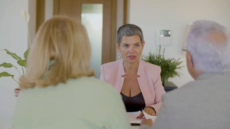 realtor and senior couple sitting at table and making deal