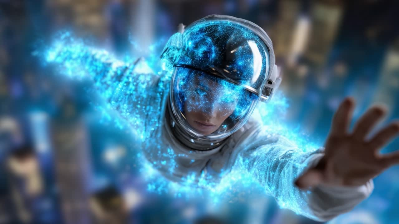 A futuristic astronaut captured in a mesmerizing moment, soaring through a cosmic realm filled with vibrant blue energy and ethereal particles in a dreamlike cityscape
