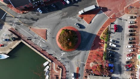 top down aerial of traffic circle roundabout