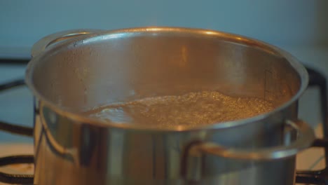 cerca de la mano del chef con guante de cocina abriendo una olla con agua hirviendo