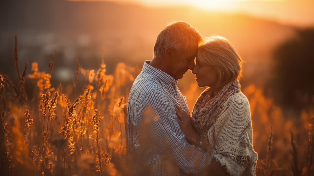 An Intimate Moment in the Golden Hour: An Elderly Couple Embraces in a Sunlit Field Surrounded by Wildflowers, Capturing Love's Timeless Beauty