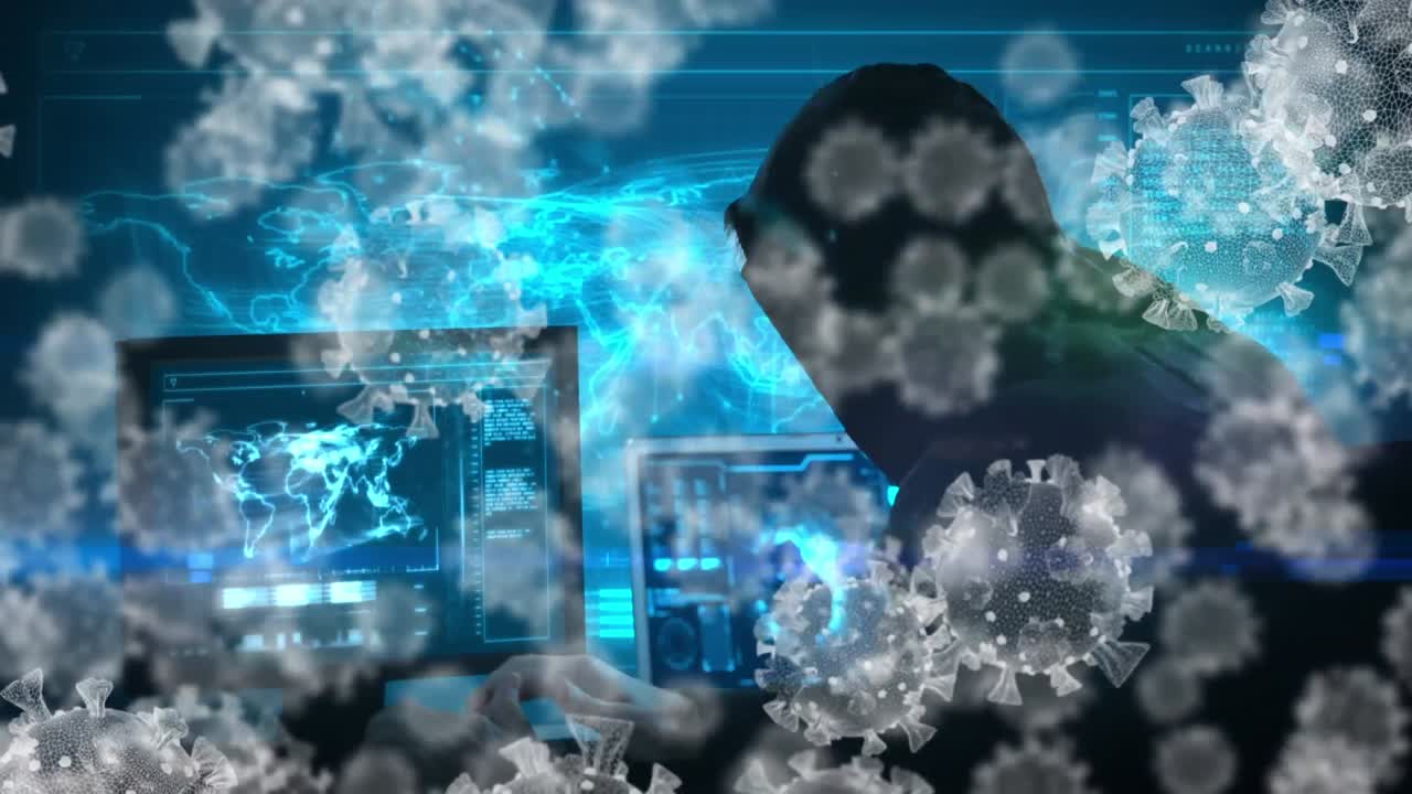 노트북을 사용하여 후디를 입은 남성에 대한 거대한 코로나19 세포의 애니메이션