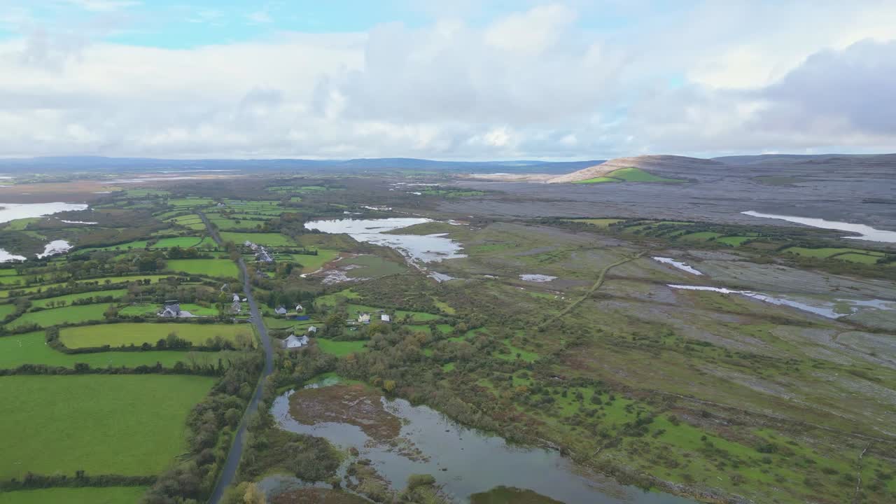 Aerial view of Burren, Ireland's rocky landscape and lush fields