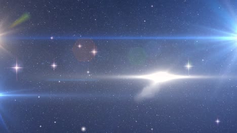 Animation-of-glowing-light-spots-and-stars-on-blue-background