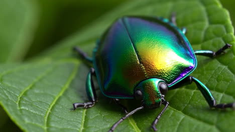 close-up of an iridescent green beetle on a leaf
