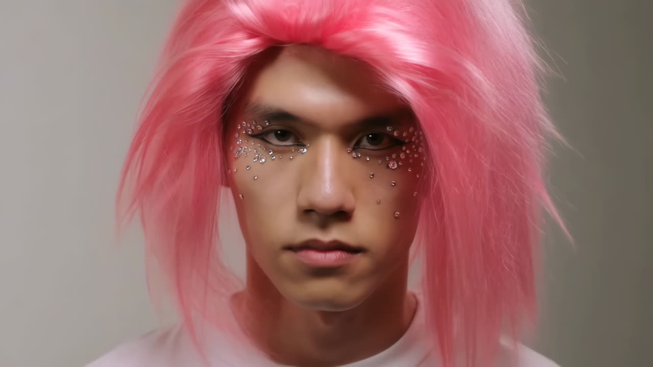 Person with Pink Wig and Rhinestone Makeup