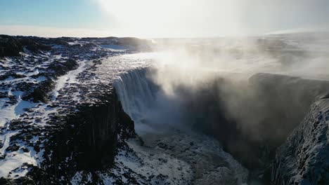 Toma-Aérea-De-La-Cascada-De-Dettifoss-En-Islandia-Durante-El-Invierno-Por-La-Mañana.