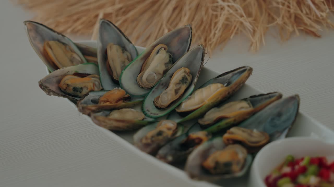 화려한 장식과 함께 접시에 담긴 찜 홍합