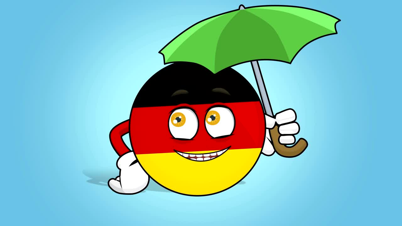 Icona bandiera della Repubblica Federale di Germania in stile cartone animato sotto l'ombrello con animazione facciale