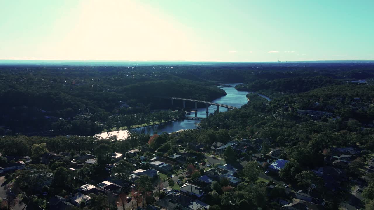 Aerial drone view of Woronora River Bridge across Woronora River in the Sutherland Shire, Southern Sydney, NSW