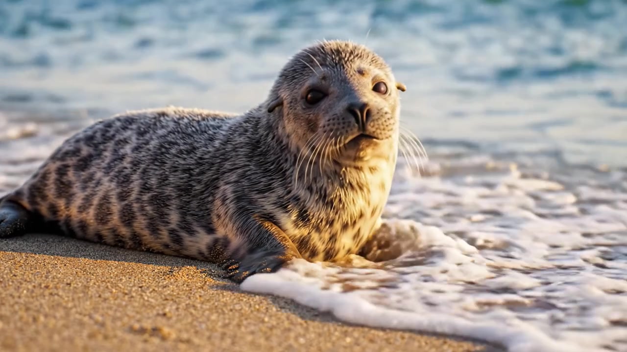 Foca Serena che si Rilassa sulla Spiaggia: Una Vista Ravvicinata di una Giovane Foca Comune che si Gode le Onde Calme e la Costa Sabbiosa in un Ambiente Naturale