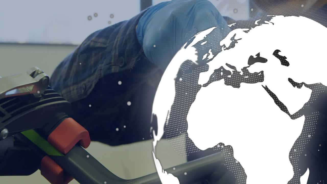 Technician leaning over tube tightening clamp for repair as animated globe entering frame sliding