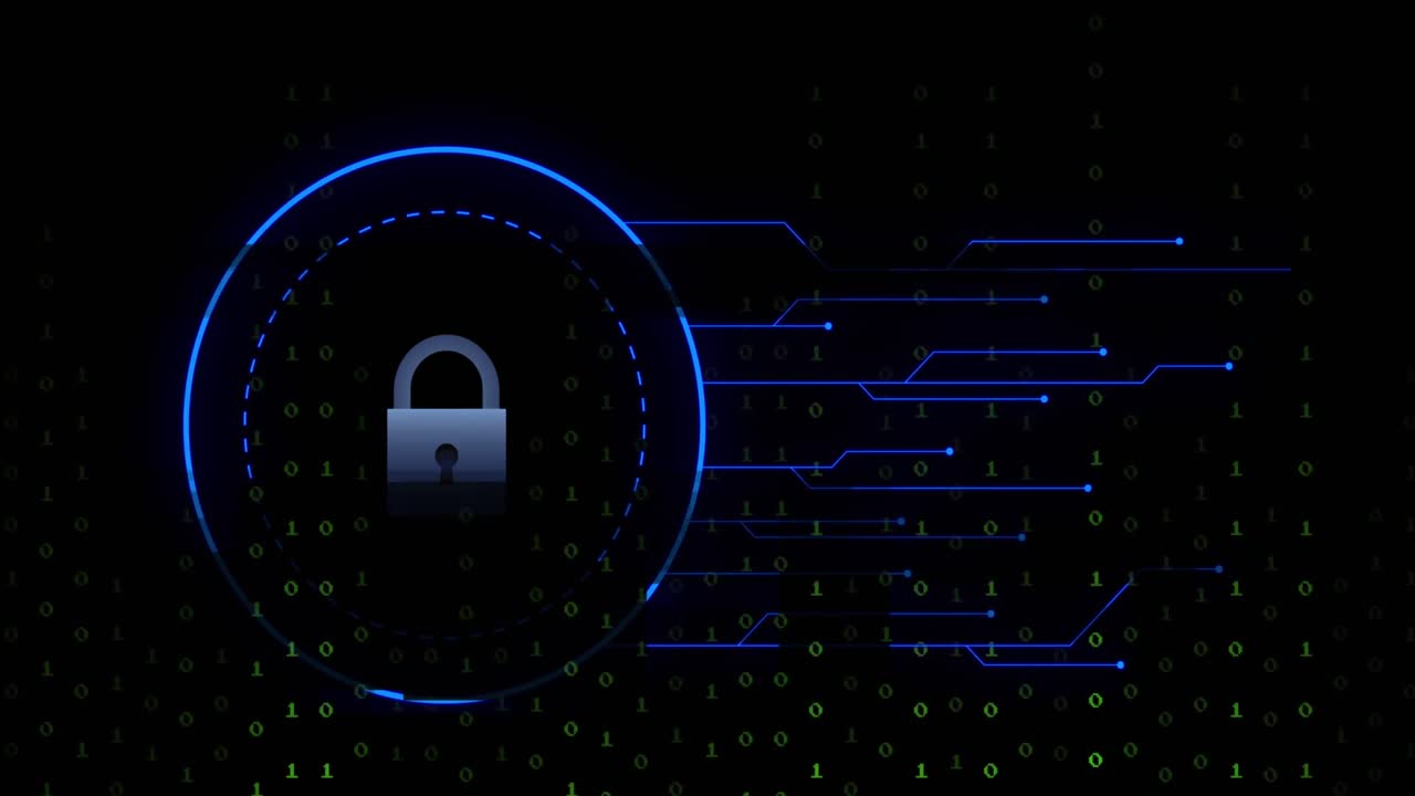 Animation of online security padlock, binary coding and data processing