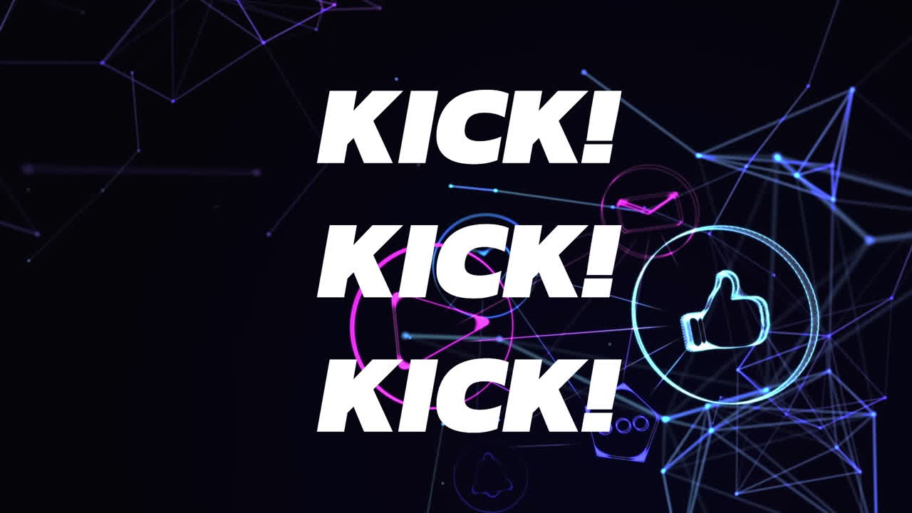 animación del texto de patada en letras blancas sobre iconos digitales y conexiones en fondo negro