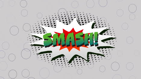 animation of smash text on retro speech bubble over black spots on grey background