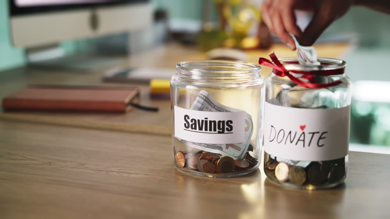 Donate jar, savings and hand with charity coins