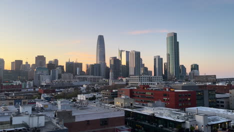 Downtown-San-Francisco-skyscrapers-skyline,-aerial-establisher